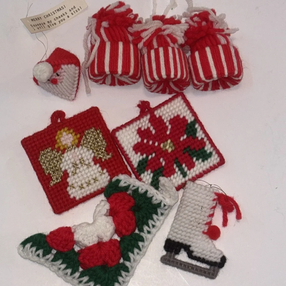 Handmade Yarn ornaments Vintage 80s Red and White Christmas Ornaments Craft Fair
